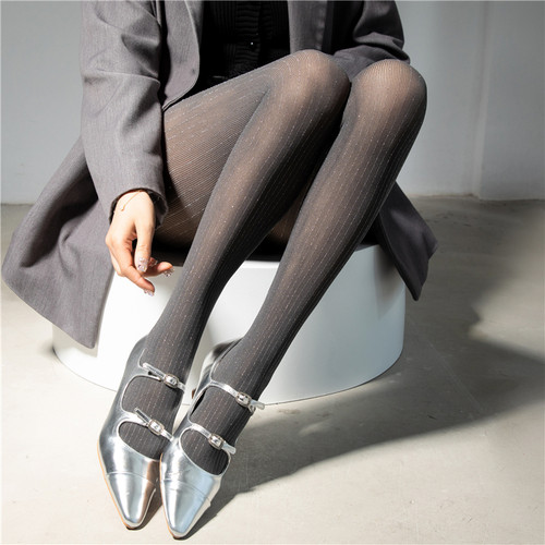 灰色丝袜春秋竖条纹银丝连裤袜