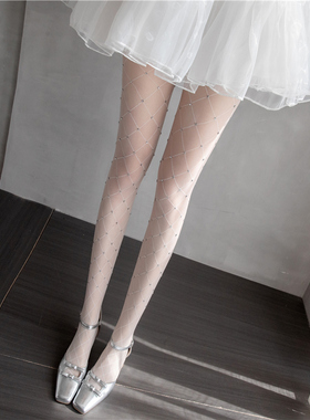 白色丝袜纯欲闪亮菱格烫钻连裤袜性感带钻打底袜子女洛丽塔JK白丝