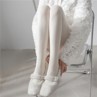 奶白色连裤袜春秋冬加厚保暖JK白丝袜女复古水波纹外穿灰色打底裤