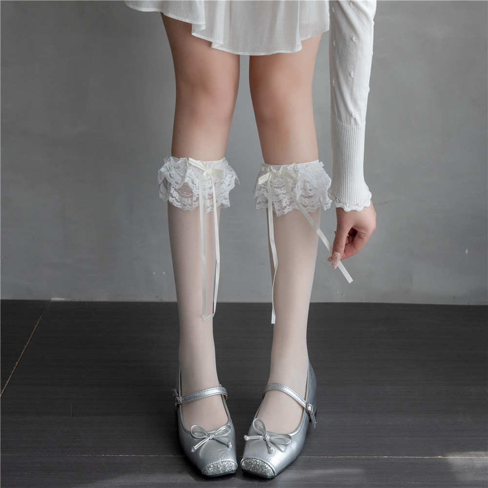 花边蝴蝶结小腿袜少女日系洛丽塔白丝袜JK袜子夏季超薄透明及膝袜