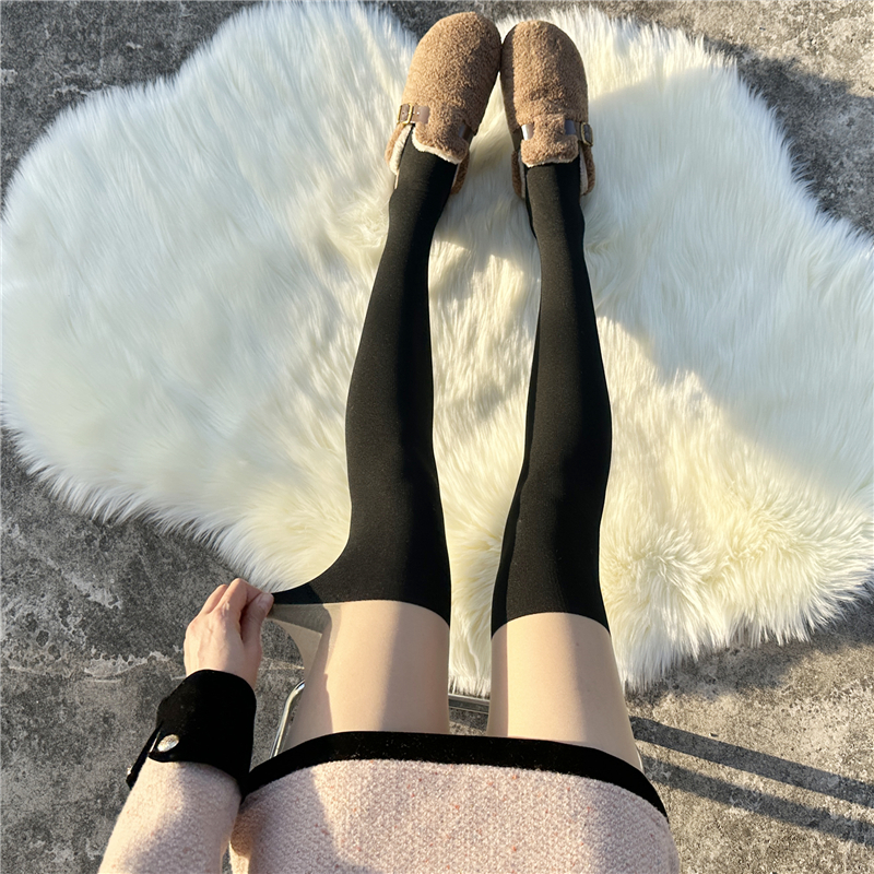 毛圈微压假高筒连裤袜女秋冬加厚假大腿长筒过膝拼接黑丝袜JK白丝