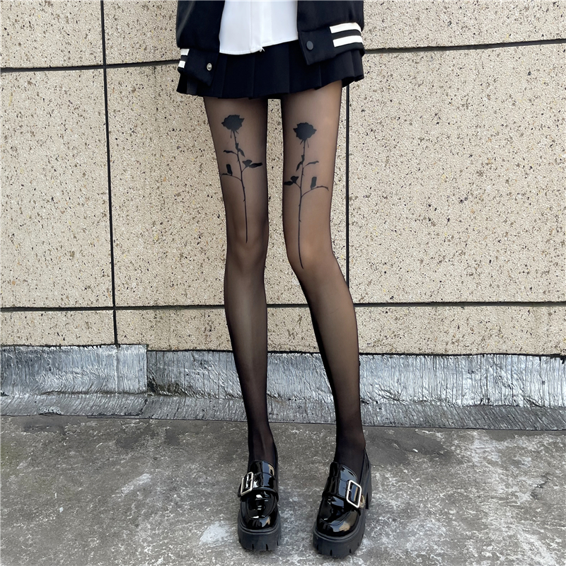 玫瑰花朵丝袜女夏季超薄款防勾丝连裤袜子JK黑色春秋纯欲性感黑丝