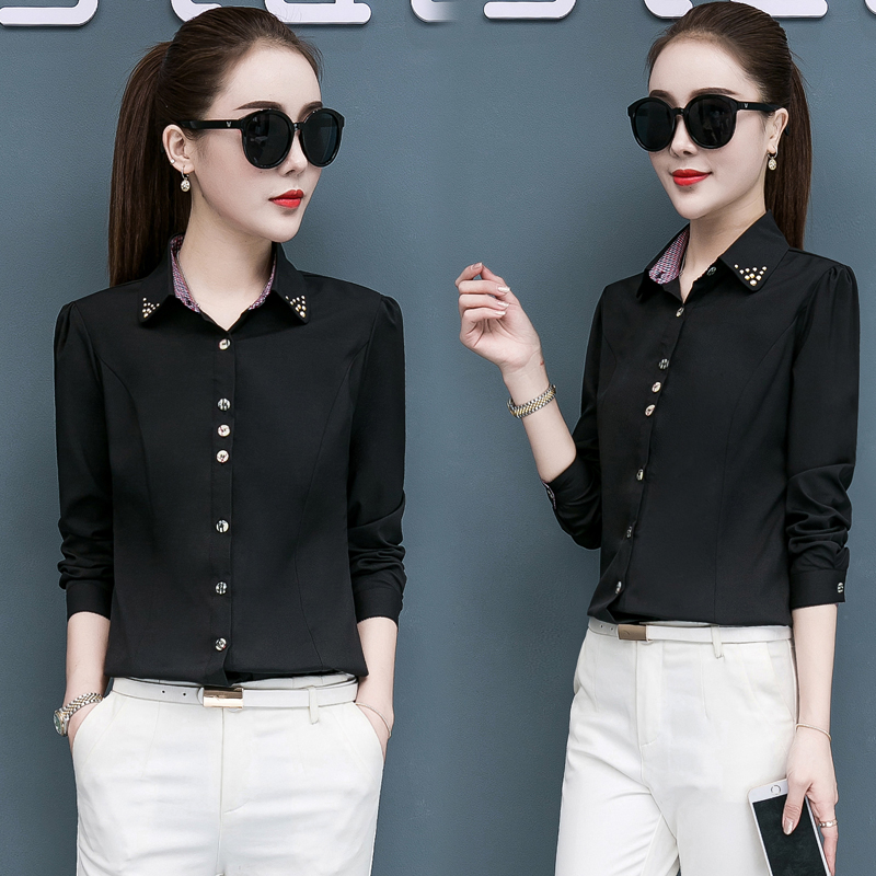 白衬衫长袖拼色格子职业正装女工