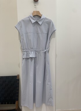 韩版正品现货浅蓝色不规则女士可收腰方领连衣裙