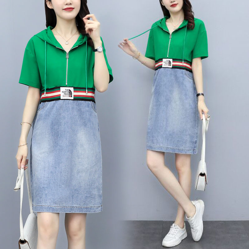 Large women's Denim stitching foreign style dress 2021 summer new hooded medium and long fat mm