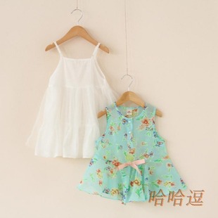 夏季韩版女童连衣裙小童小清新通透感碎花无袖蝴蝶结百褶吊带裙