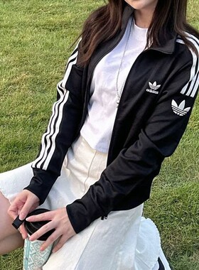 阿迪达斯三叶草外套女春季新款美式显瘦复古针织短款夹克JI7537