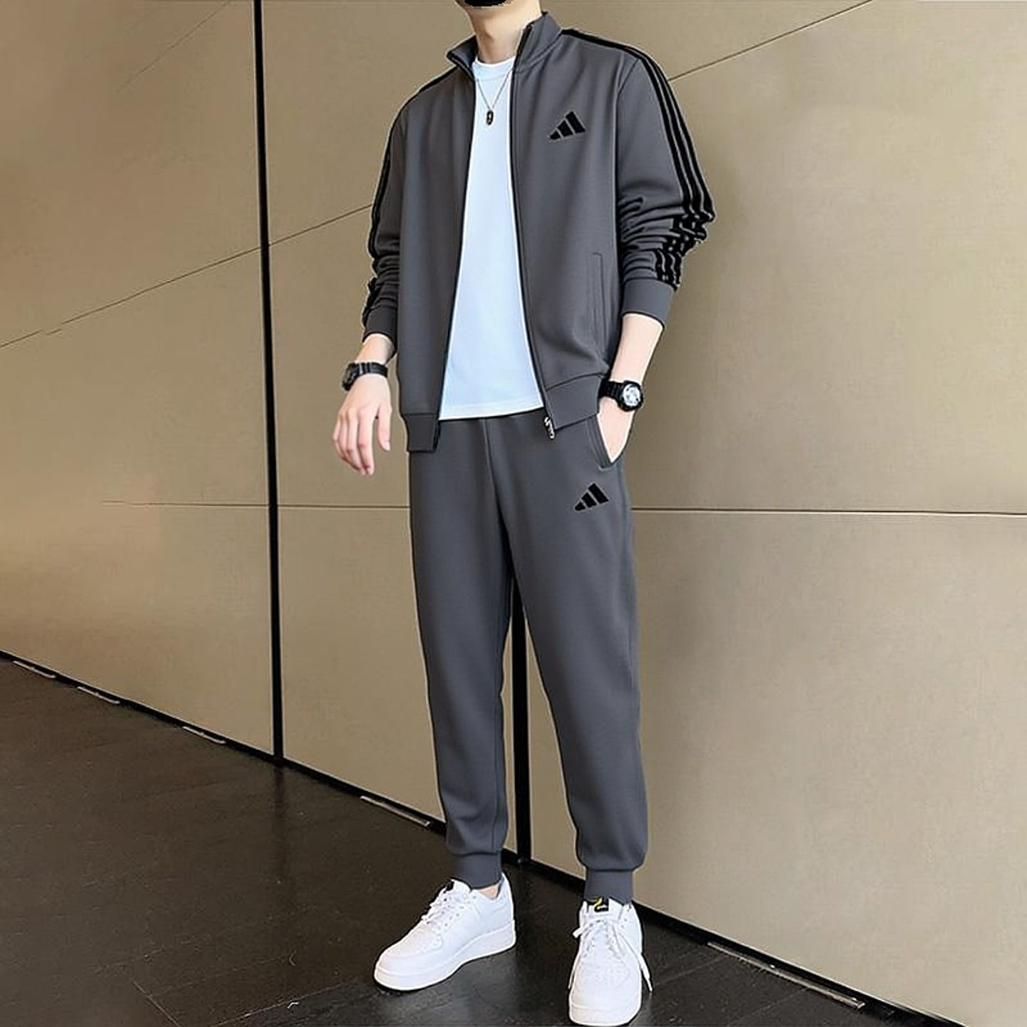 阿迪达斯男子运动套装秋季开衫立领外套卫裤宽松休闲两件套跑步服