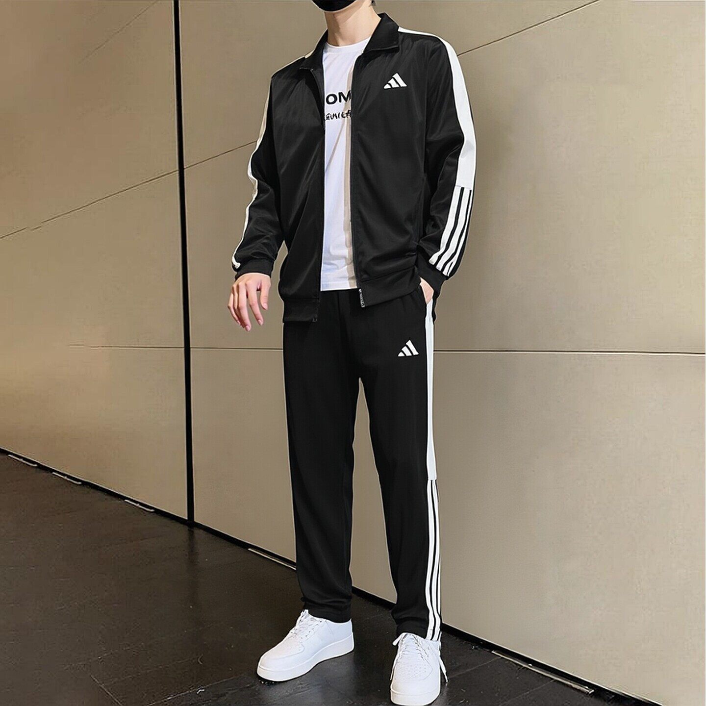 阿迪达斯运动套装男春秋立领外套休闲跑步运动服男士收口小脚长裤