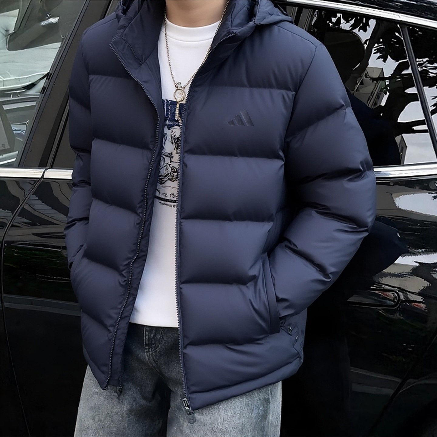 阿迪达斯羽绒服男冬季新款保暖美式藏青面包连帽面包服加厚外套