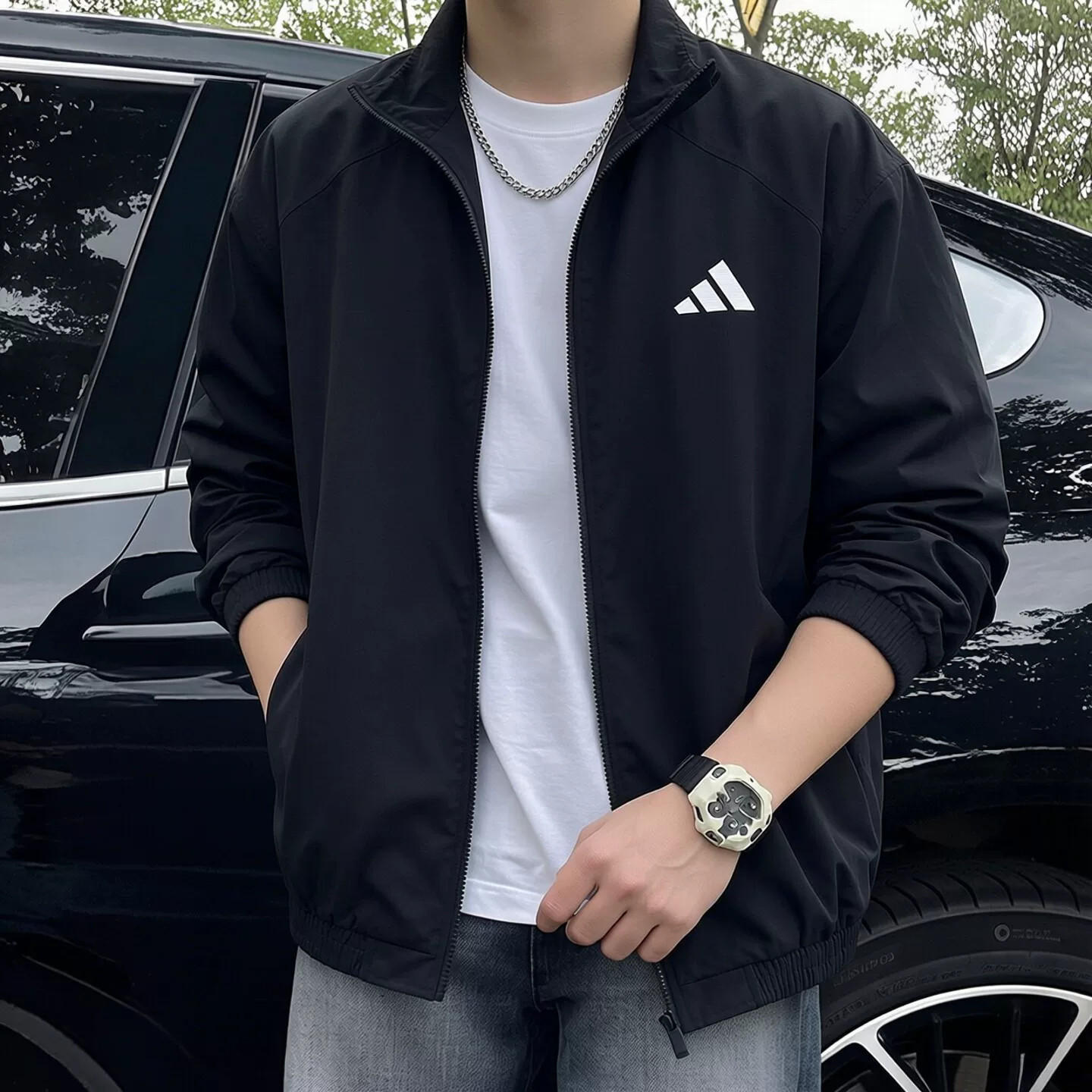 阿迪达斯外套男士新款梭织运动服宽松休闲简约上衣防风立领夹克男