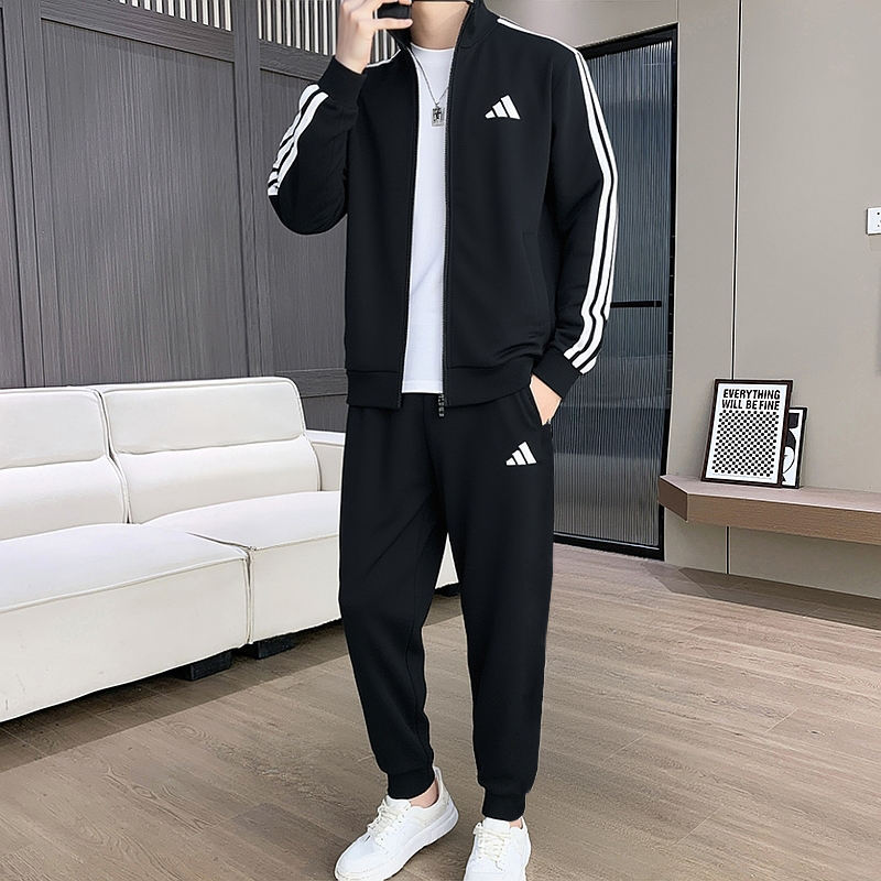 阿迪达斯黑色套装男秋季新款针织运动服休闲宽松美式长裤外套夹克