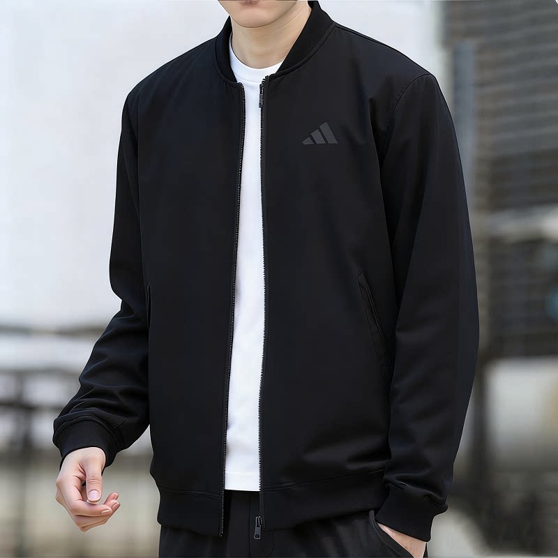 阿迪达斯休闲风男士V领夹克春季新款棒球服时尚百搭梭织运动茄克