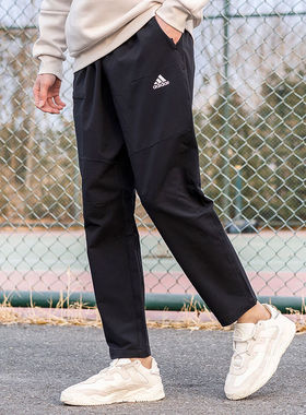 阿迪达斯蓝色直筒男裤子冬季运动裤薄款透气休闲裤宽松长裤HE9890