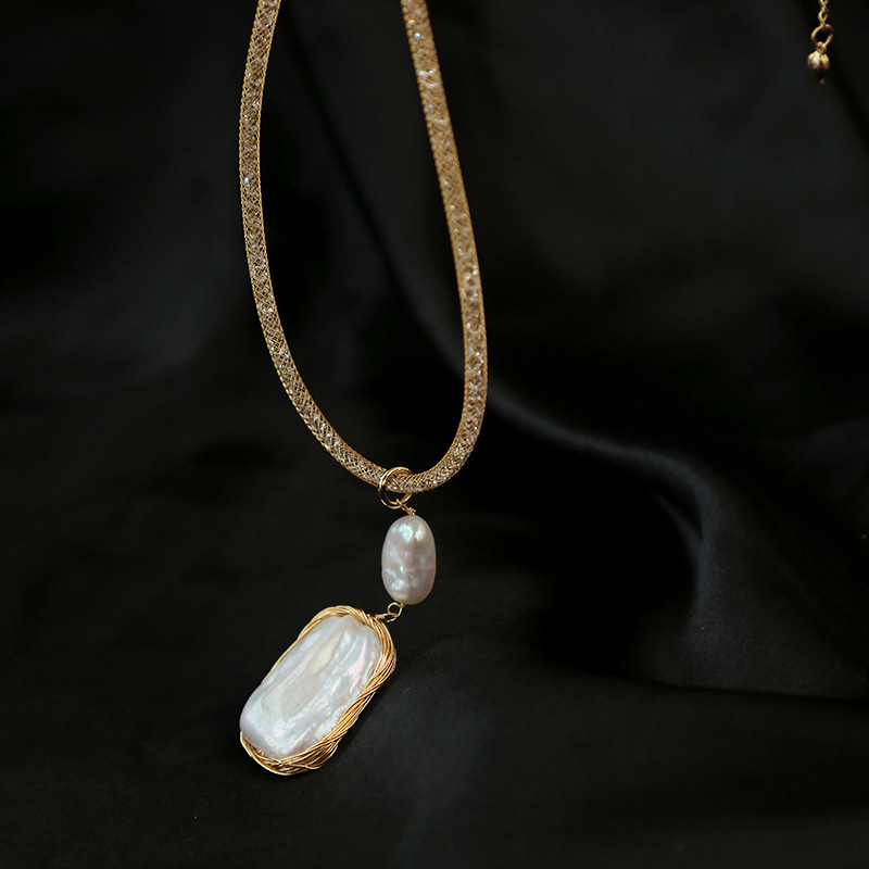 包金保色异形20-25mm大珍珠方片纯手工绕线43cm镂空金丝项链