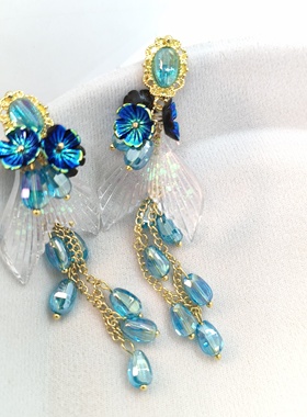 原创新品蓝色金鱼流苏耳环女高级感925银针耳钉镶钻气质长款耳饰