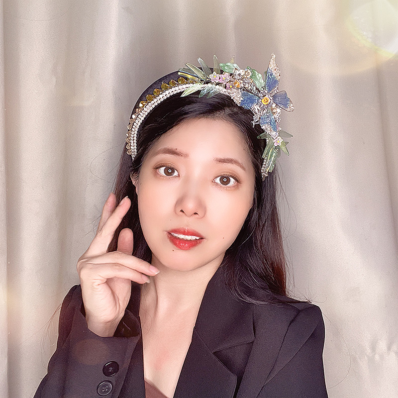 原创新中式仙绿镶钻蝴蝶发箍高颅顶带齿发卡宽版编发水钻头箍复古