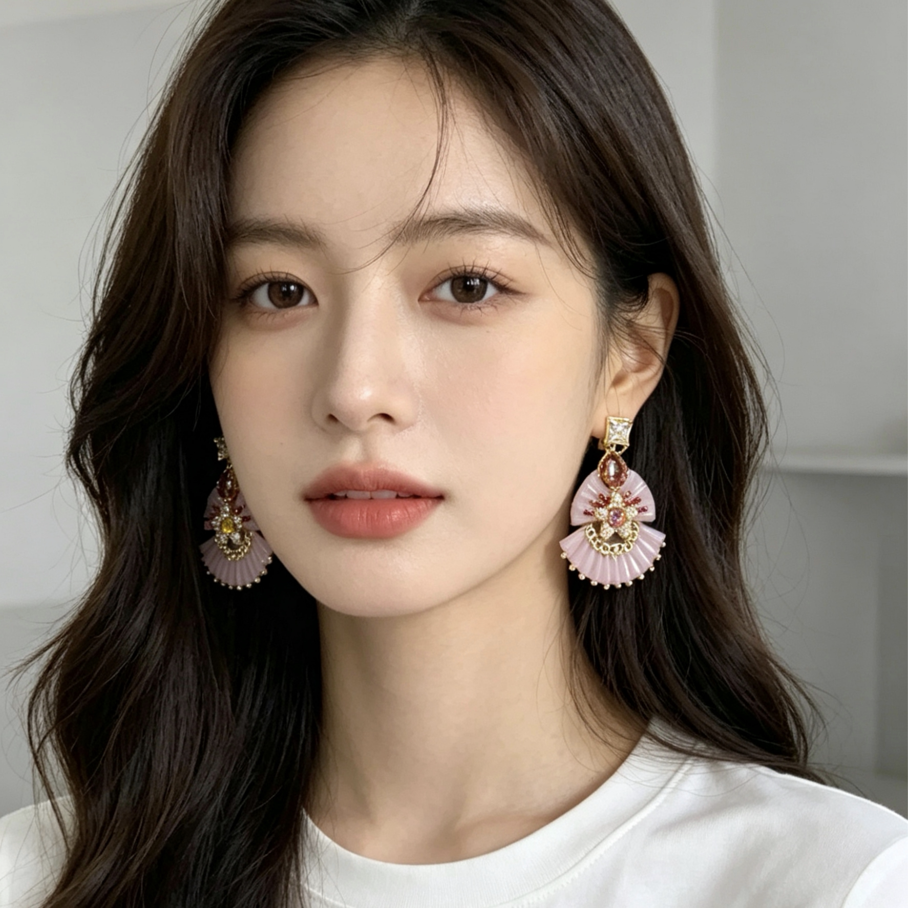 赫拉蜜羽粉色镶钻扇形耳环女925银针耳钉复古耳饰长款耳坠高级感