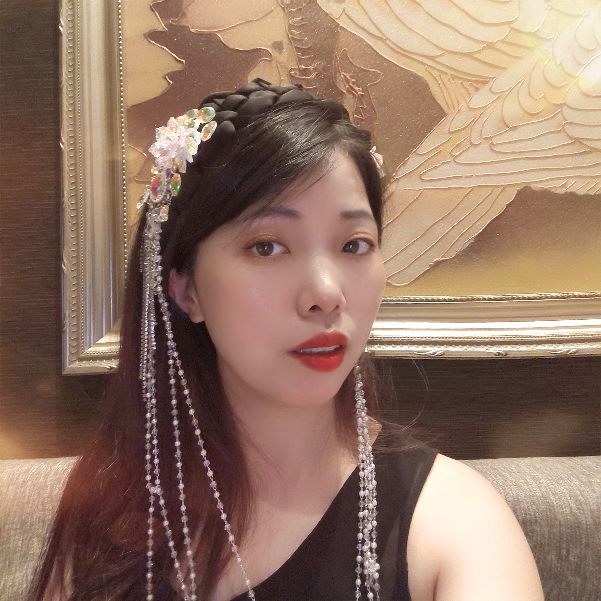 新中式手工宝石水晶花朵流苏发箍带齿防滑发卡宽版镶钻头箍高级感