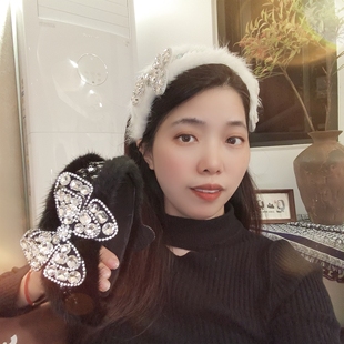 原创手工秋冬发饰白色貂毛发箍女蝴蝶结头箍女水钻毛毛发卡女甜美