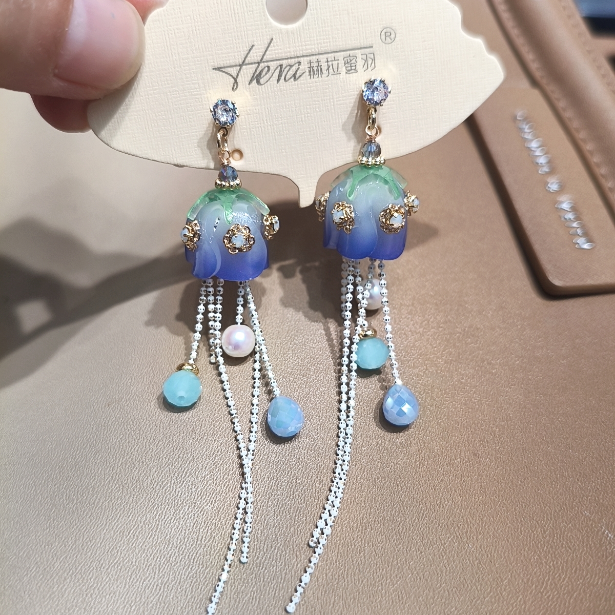 赫拉密羽紫色荷花流苏耳环女复古925银耳钉镶钻长款耳坠气质耳饰