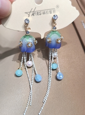 赫拉密羽紫色荷花流苏耳环女复古925银耳钉镶钻长款耳坠气质耳饰