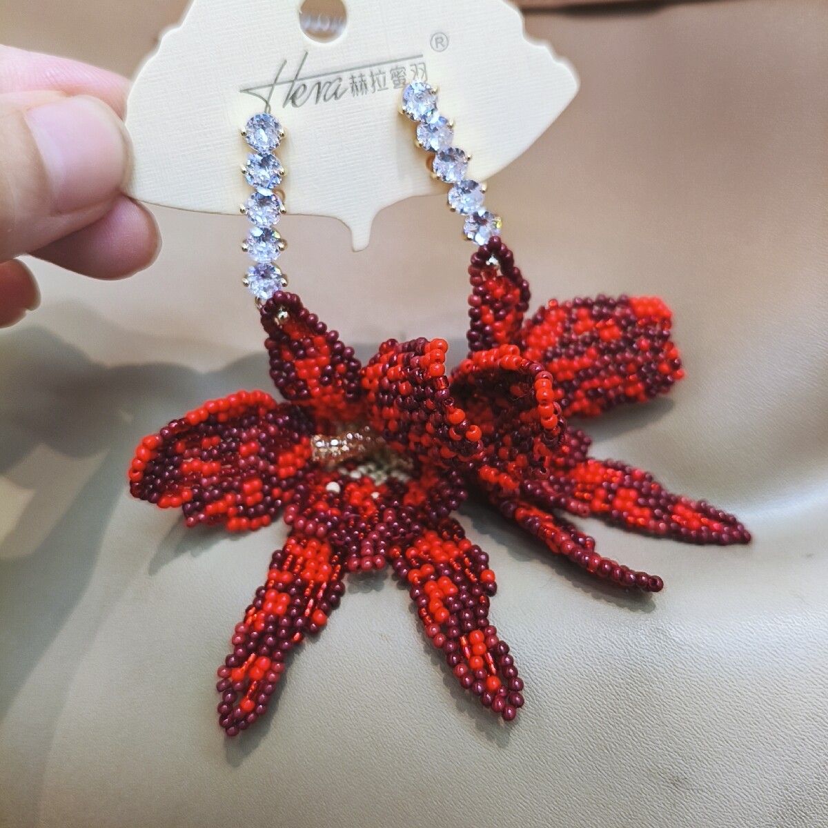 高级感红色串珠耳钉925银针