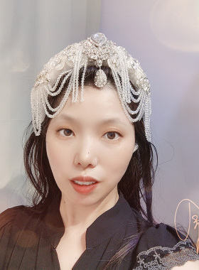 原创重工白色镶钻流苏发箍女高颅顶宝石水滴发卡女宽边头箍带齿