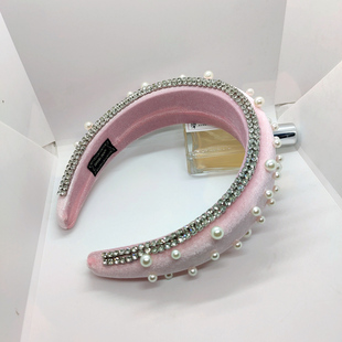 原创新品粉色镶钻珍珠发箍女高颅顶发饰水钻发卡宽边带齿头箍复古