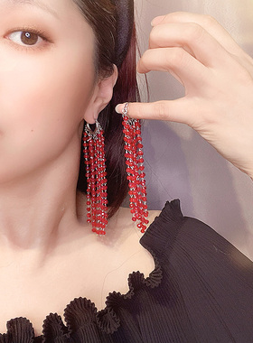 原创新款手工红色水晶流苏耳环女高级感轻奢小众设计长款耳饰耳夹