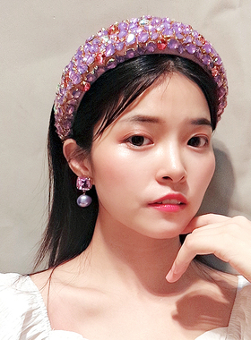独特镶钻发饰复古紫色水晶发箍女海绵加厚发卡带防滑齿水钻头箍