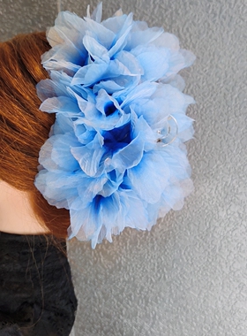 森系手工浅蓝绢纱花朵抓夹女蓝色大花朵写真拍照造型头饰