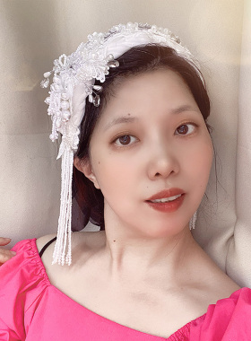 新款仙头箍白色刺绣花朵流苏发箍新中式发卡水晶高级精致公主头饰