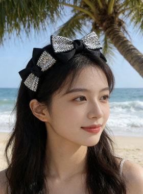 原创甜美黑色侧边蝴蝶结发箍女高颅顶韩版发卡镶钻头箍带齿发饰潮