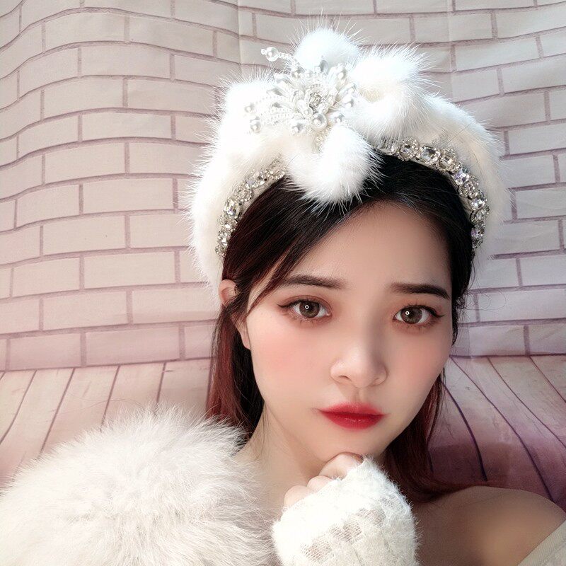 秋冬发饰镶钻黑色水貂毛发箍女高颅顶镶嵌水钻发卡带齿头箍女宫廷