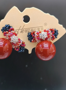 赫拉密羽新款红色玛瑙蝴蝶结耳钉女925银针耳环镶钻长款耳坠轻奢