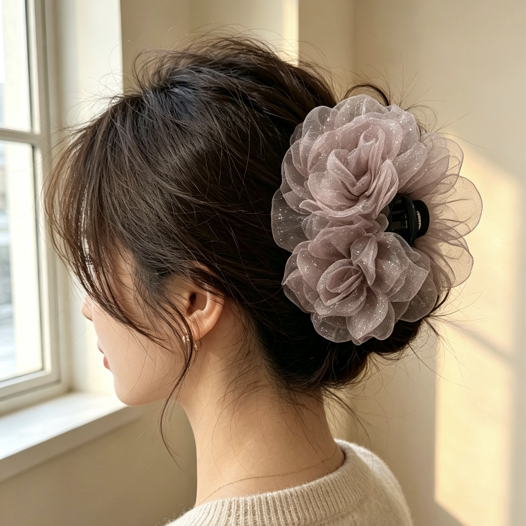 欧根纱花朵抓夹女大号超仙鲨鱼夹子网纱盘发器后脑勺气质盘发器