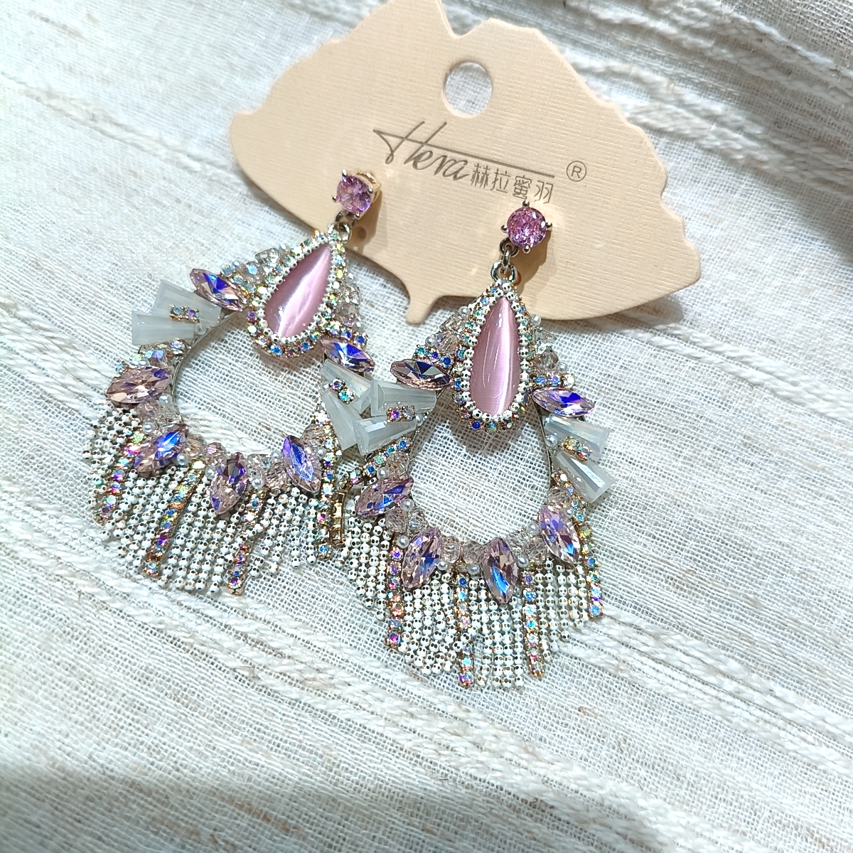 原创重工高端粉钻流苏耳环女925银针耳钉轻奢耳饰仿过敏耳坠耳夹