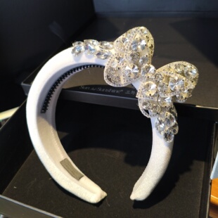 原创手工侧边镶钻蝴蝶结发箍女甜酷发卡宽版带齿高颅顶头箍轻奢