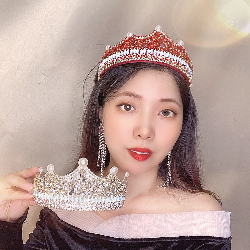 欧美设计感红色镶钻皇冠发饰发箍带齿晚宴水钻发卡高级感头箍头饰