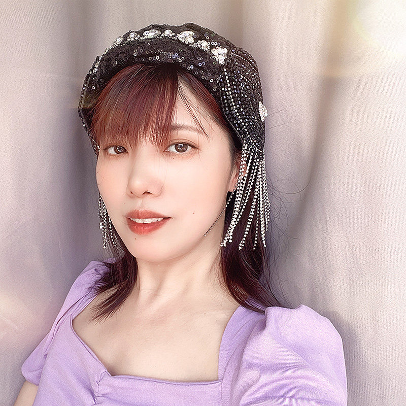 新中式奢华镶钻流苏发箍女手工编织带齿百搭头饰黑色水晶发带