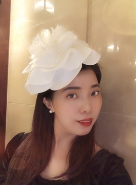 法式白色半帽宽版大花朵流苏发箍高级感气质布艺花卉发卡外出优雅
