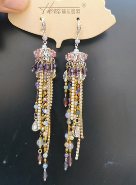 赫拉密羽新品紫色多层流苏耳环女复古925银耳勾长款耳坠气质耳饰
