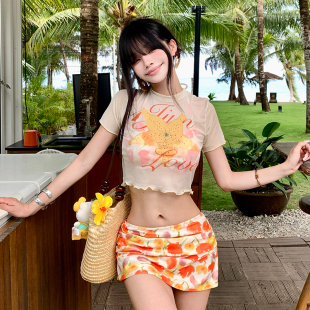 橘色泳衣女款 绝美性感女士温泉游泳衣女 辣妹比基尼四件套度假泳装