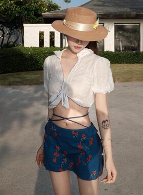 度假碎花防晒比基尼四件套泳衣女