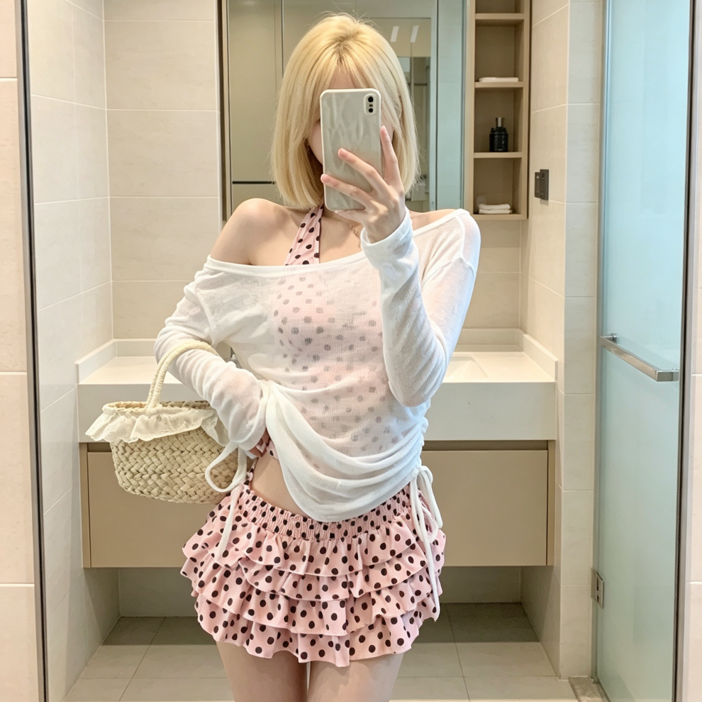 显白粉色波点裙式分体比基尼三件套泳衣女长袖防晒保守度假泡温泉