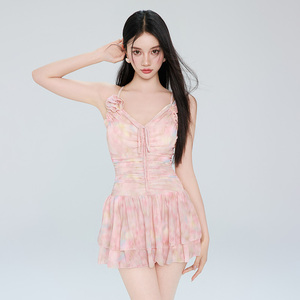 2025新款仙女范遮肚显瘦橘色连体裙式泳衣泡温泉情侣保守小胸聚拢