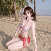 纯欲风红色显白印花比基尼分体泳衣女小胸挂脖聚拢性感海边泡温泉