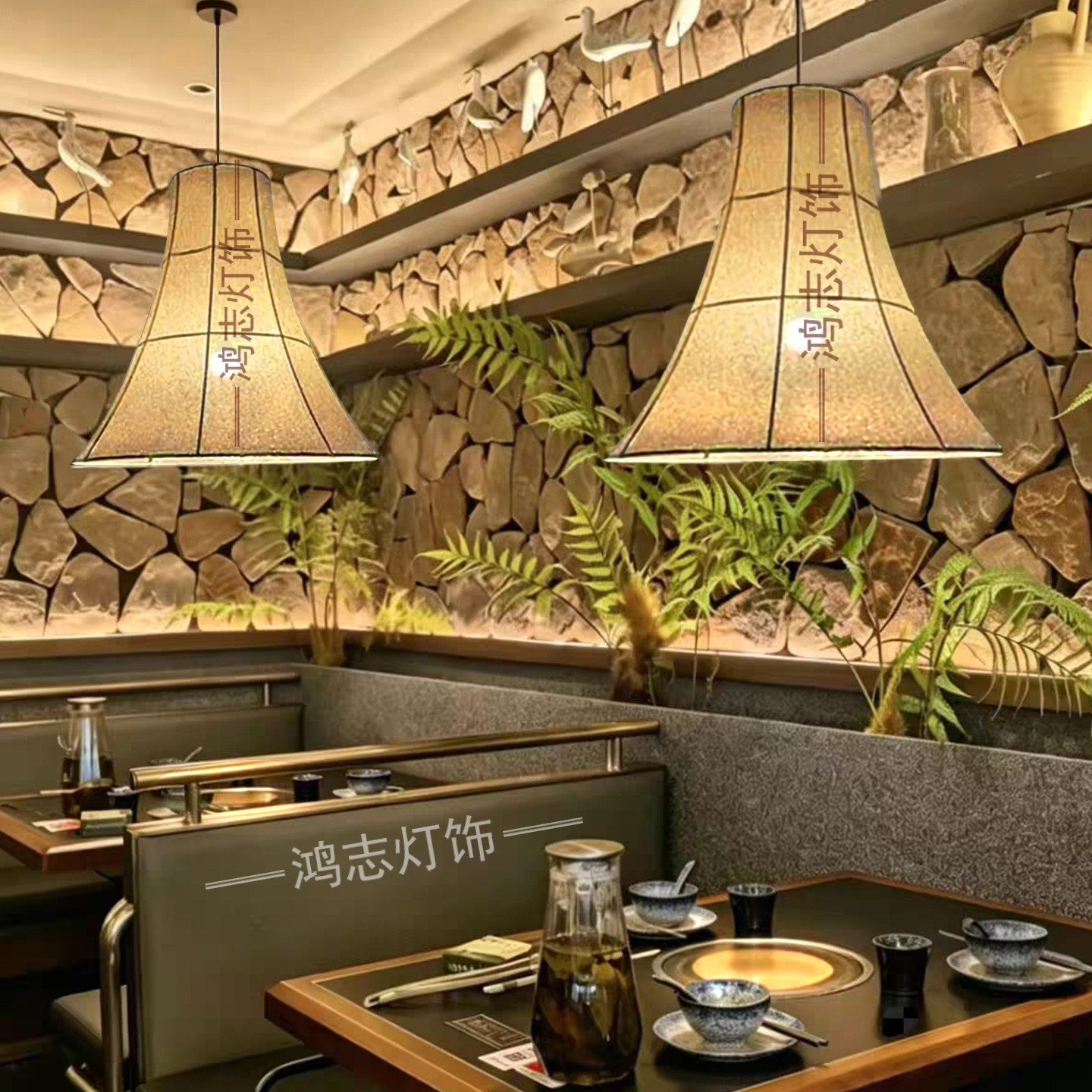 日式侘寂麻布吊灯餐饮商用定制图片