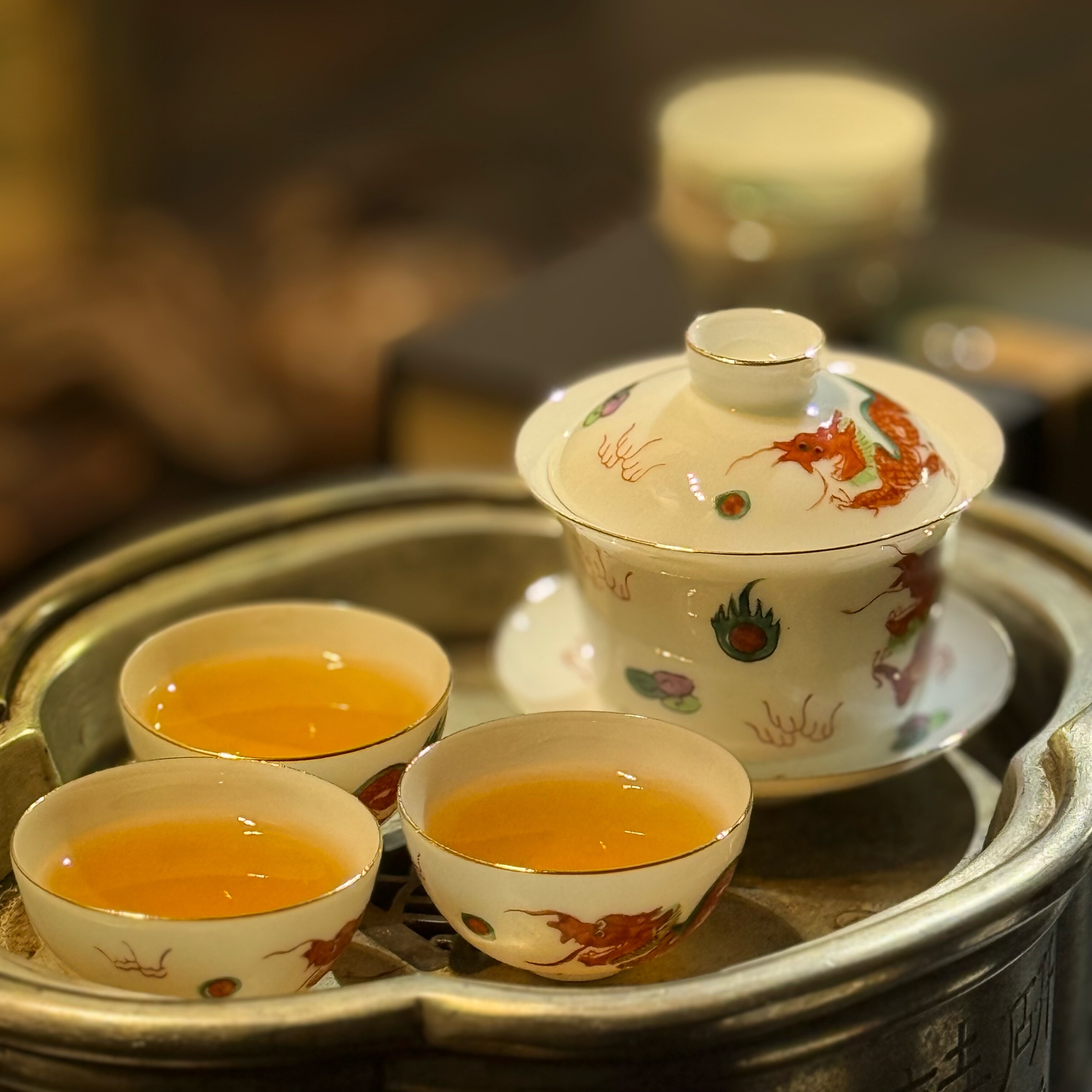 香港祥兴茶行定制纯手绘库存祥龙薄胎潮汕功夫茶套装盖碗蛋壳杯